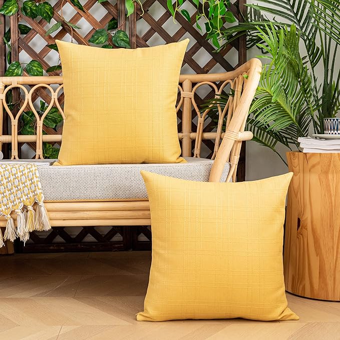 Kevin Textile Pack of 2 Decorative Outdoor Waterproof Pillow Covers Square Garden Checkered Cushion Sham Throw Pillowcase Shell for Patio Tent Couch 24x24 Inch Yellow