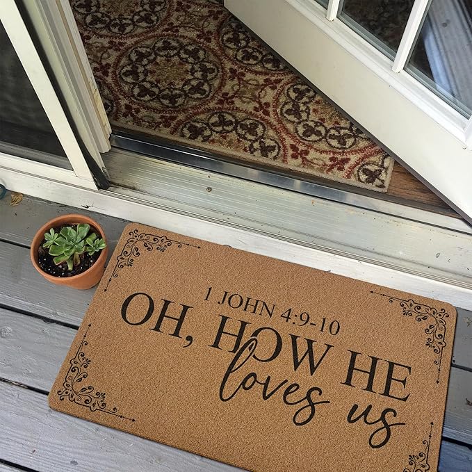 Christian Door Mat Doormat, Bible Verse Welcome Front Door Mat Indoor Outdoor Entrance, Oh How We Loves Us Religious Artificial Coir Doormats Rugs for Porch Entryway Home Decor 30x17in