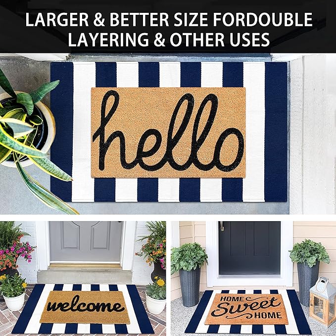 KOZYFLY Striped Outdoor Rug 27.5x43 Inches Front Door Rug Navy and White Woven Cotton Washable Outdoor Doormats Outdoor Entrance Mat for Front Door Entryway Patio Front Porch