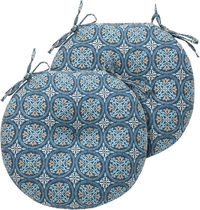Magpie Fabrics Outdoor Round Bistro Seat Cushions with Ties, 15"x15"x4" Set of 2, Tufted Waterproof Barstool Chair Pads for Patio Home Garden Office, Morgan Medal Print