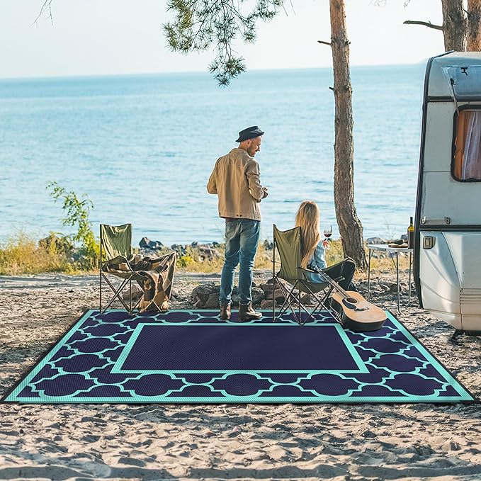 GENIMO 9 ' x 12 ' Outdoor Rug for Patio, Waterproof Indoor Outdoor Plastic Straw Rugs Carpet, Reversible Outside Area Mat for Camping, Balcony Porch, Deck, Picnic, Beach Navy Blue & Jade Green