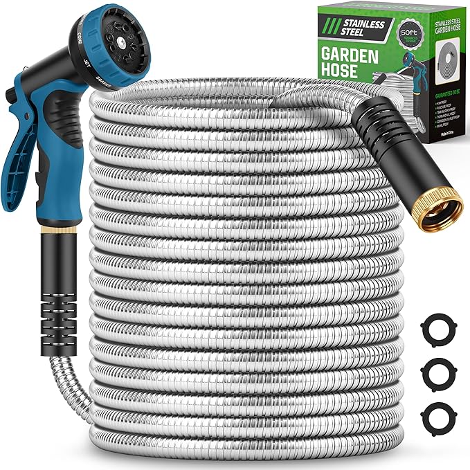 Garden Hose 50FT, Water Hose with 10 Function Nozzle, Garden Hose Metal with Leak-proof Connectors, No-Kink, Lightweight, Puncture-proof, Pet-proof, Sturdy, 550PSI, Hose for Outdoor, Yard