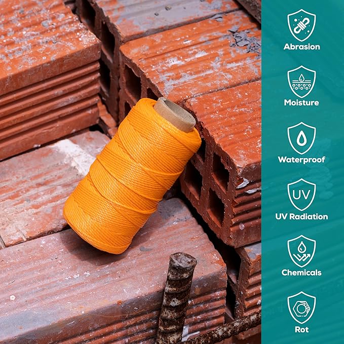 Mason Line String 1.3mm Thick Twisted Polypropylene – Durable Construction Twine for Laying Bricks, Blocks, Fences in Gardening, DIY & Landscaping Projects (Orange, 393 Ft)