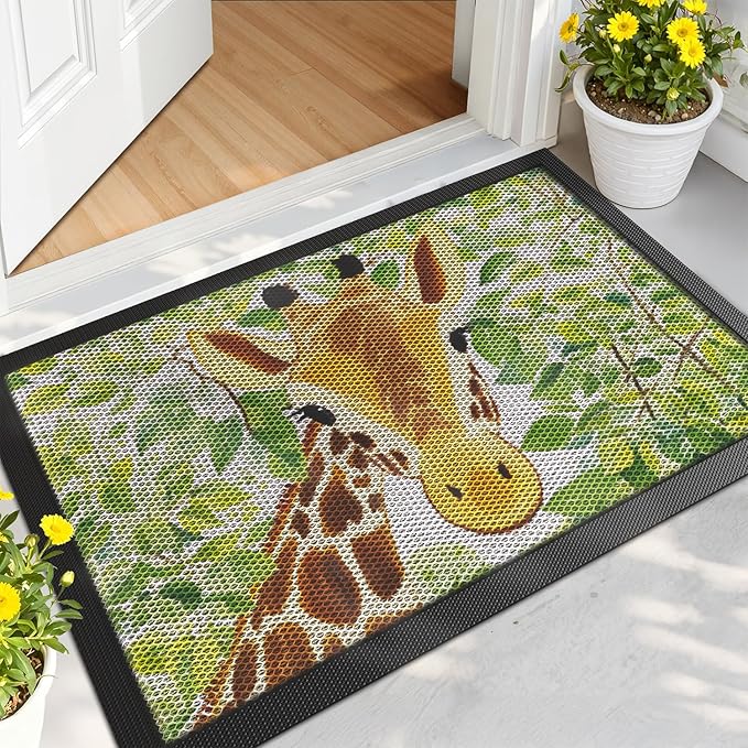 LUMI Outside Door Mat 24x36, Non Slip Rubber Backing Doormat, Low Profile Easy Clean Entrance Mats for Front Back Door Entryway Porch Garage, Giraffe