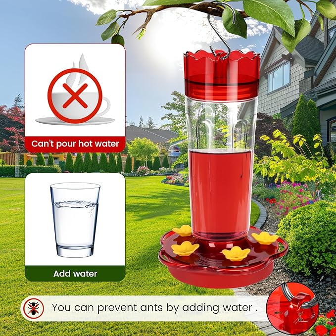 Hummingbird Feeders for Outdoors Hanging Ant and Bee Proof, 1 Pack 15 Ounces Red Hummingbird Feeder with 5 Feeding Ports and Perches, Built-in Ant Moat, Outside Garden Décor (Plastic, 1)