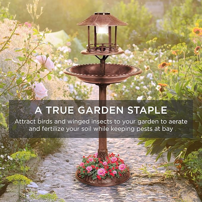 Best Choice Products Solar Outdoor Bird Bath Vintage Resin Pedestal Fountain Decoration for Yard, Garden w/Planter Base, Feeder, Decorative Bird Cage, Fillable Stand - Bronze