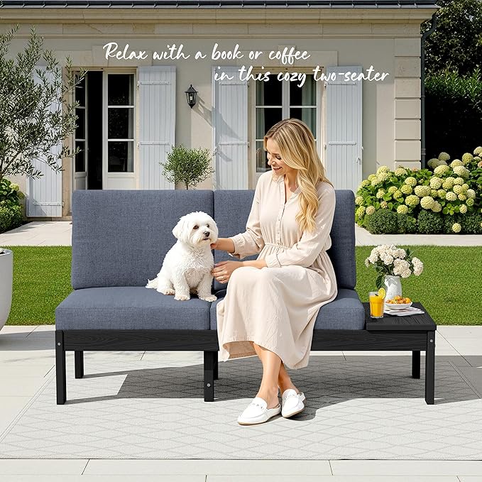 SERWALL HDPE Outdoor Loveseat Sofa, 2 Seats Patio Sofa, All-Weather Patio Conversation Sets with Adjustable Backrest Sofa for Backyard and Garden, Black Frame with Grey Cushion