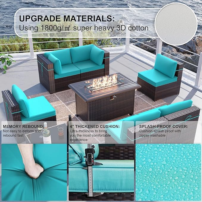 Kullavik 8 Pieces Outdoor Patio Furniture Set with 43" Gas Propane Fire Pit Table PE Wicker Rattan Sectional Sofa Patio Conversation Sets,Blue
