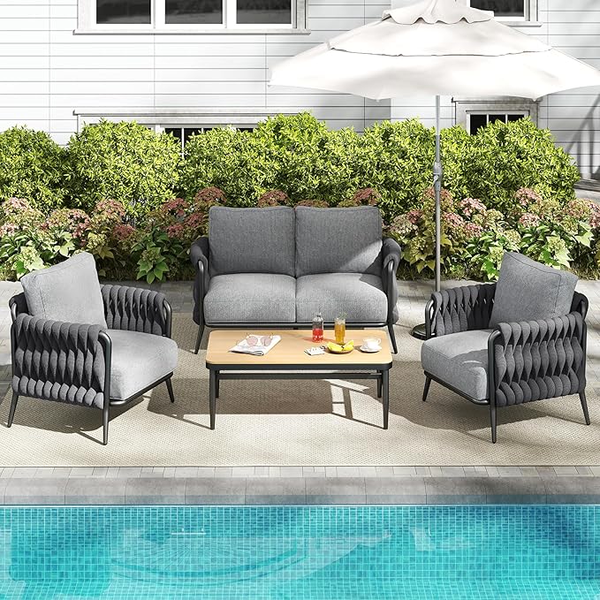 Outdoor Patio Sofa Set 5-Piece, Outdoor 4-Seat Couch Set with Coffee Table, Waterproof Thick Cushion Patio Conversation Set, All Weather Outdoor Furniture for Deck, Lawn, Balcony