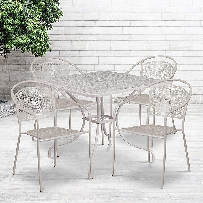 Flash Furniture Oia Commercial Grade 35.5" Square Light Gray Indoor-Outdoor Steel Patio Table Set with 4 Round Back Chairs