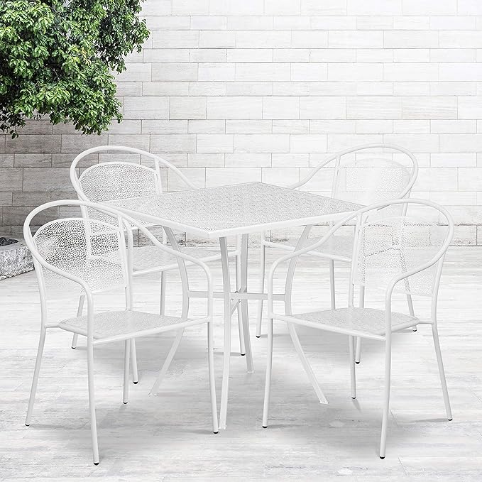 Flash Furniture Oia Commercial Grade 28" Square White Indoor-Outdoor Steel Patio Table Set with 4 Round Back Chairs