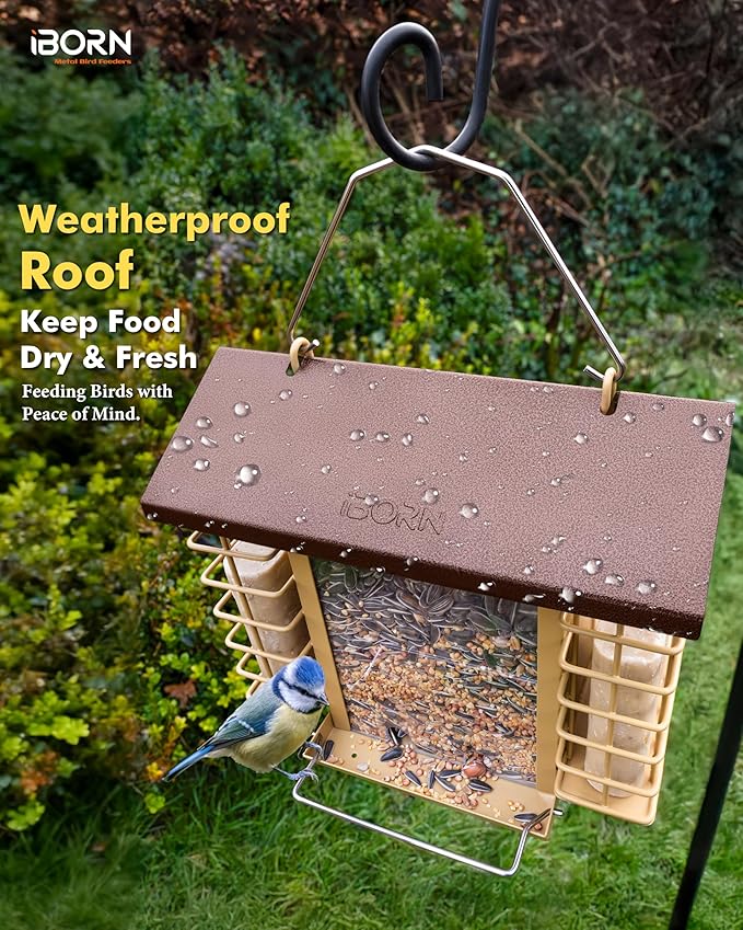 iBorn Bird Feeders for Outdoors,Bird Feeder with Double Suet Holders,Suet Feeder for Outside,Weatherproof Metal Roof,Easy to Refill&Clean,3.2 LBs Seed Capacity+2X Cake,1 Pack,Coffee Roof & Yellow Grid