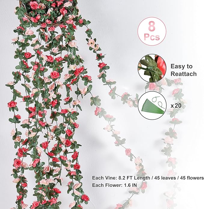 BLEUM CADE 8Pcs 65.6Ft Flower Garland Artificial Rose Vines for Bedroom, Cute Fake Hanging Flower Vines Floral Garland Decorations for Wedding Party Wall Room Decor Aesthetic