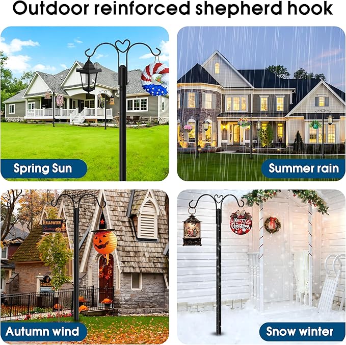 Ottsuls Bird Feeder Pole, 2 Pack 108 INCH Double Shepherds Hooks for Outdoor, with 5 Base Prongs Heavy Duty Tall Garden Planter Hooks for Hanging Flower Basket, Lantern, Hummingbird Feeder