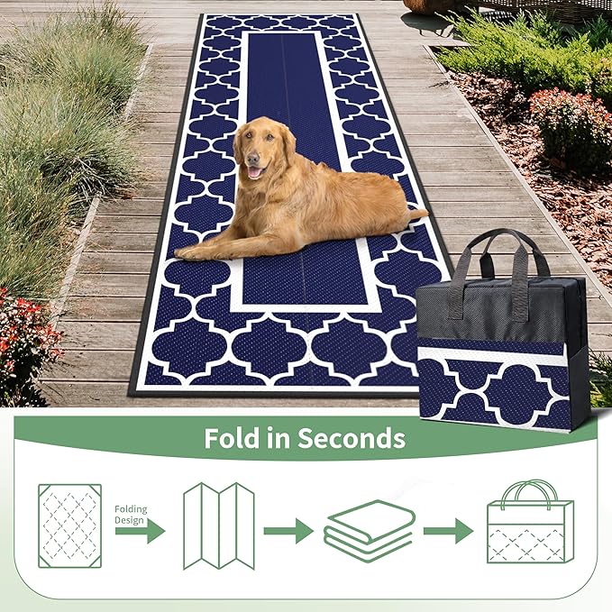 GENIMO 2.5' x 8' Outdoor Rug Waterproof for Patio Decor, Foldable Reversible Plastic Straw Area Rugs Mat for Runner Porch, Outside Carpet for Rv, Deck, Picnic, Beach, Balcony, Camper, Blue & White