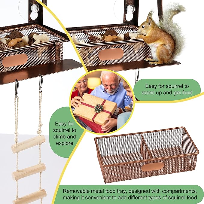 Enhon Window Squirrel Feeder, Metal Squirrel Feeders for Outside Winter with Strong Suction Cups & Ladders, Safe Funny Chipmunk Feeder, Feeding Shelter for Squirrels for Corn Peanuts