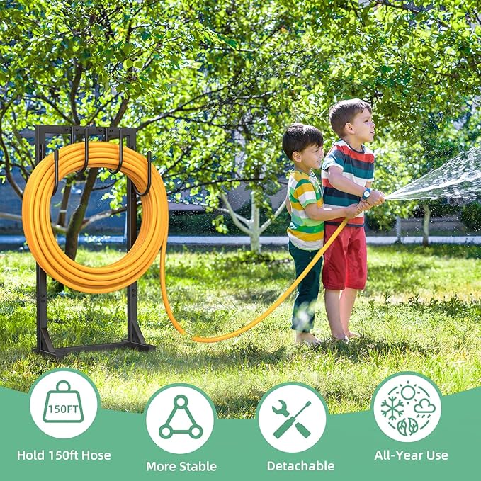 Garden Hose Holder Reel, Upgraded Metal Hose Reels Holds 150ft Hose with 4 Large hooks, Heavy Duty Freestanding Water Hose Holders, Detachable Hose Storage Hanger for Outside