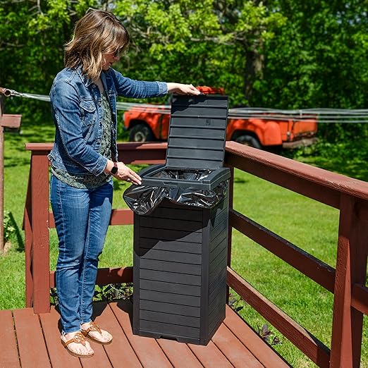 Sunnydaze 39-Gallon Patio Trash Can with Lid - Outdoor Garbage Can with Built-in Drip Tray - Weather-Resistant Resin - Black