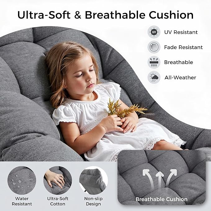 IRONCK Patio Rocking Chair with Armrest and Footrest, Indoor Outdoor Rocking Chair with Cushion, Oversized Lounge Rocker for Garden, Living Room, Balcony, Porch, Gray