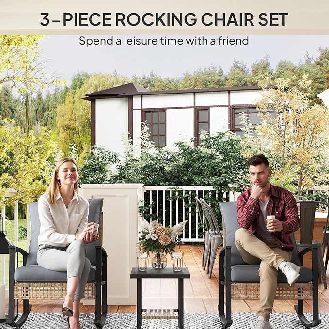 Outsunny 3 Pieces Rocking Wicker Outdoor Bistro Set, Rattan Patio Furniture Set with Coffee Table and Porch Chairs, Button Tufted Cushions for Backyard, Balcony, Garden, Gray