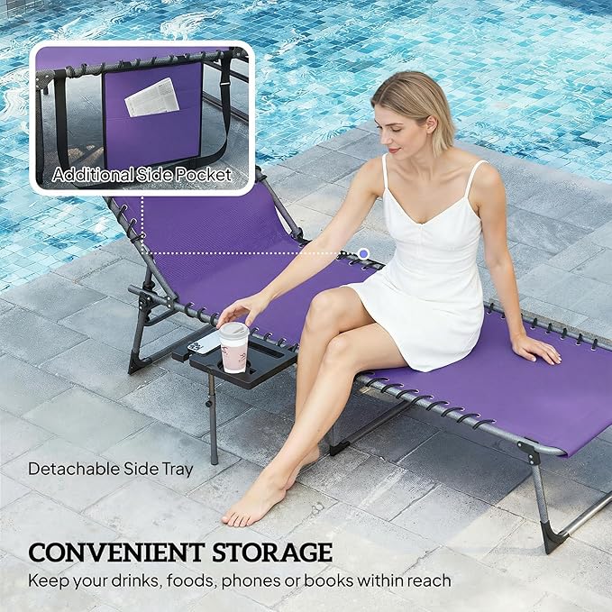Outsunny Folding Chaise Lounge Chair Outdoor Tanning Chair with Side Table, 5-Level Adjustable Beach Lounge Chair with Headrest, Side Pocket for Patio, Backyard, Beach, Poolside, Purple