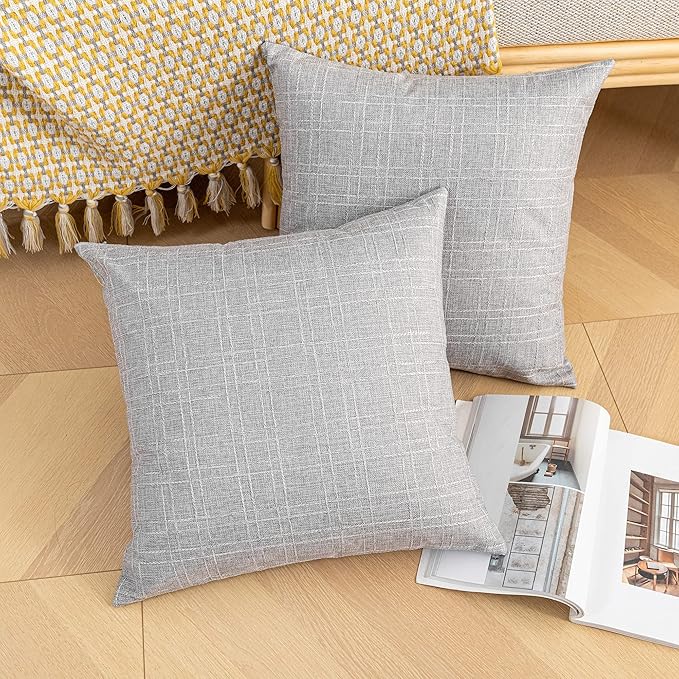 Kevin Textile Pack of 2 Outdoor Waterproof Throw Pillow Covers Decorative Farmhouse Checkered Square Solid Cushion Cases for Patio Garden Porch Sofa Grey 18x18 inch