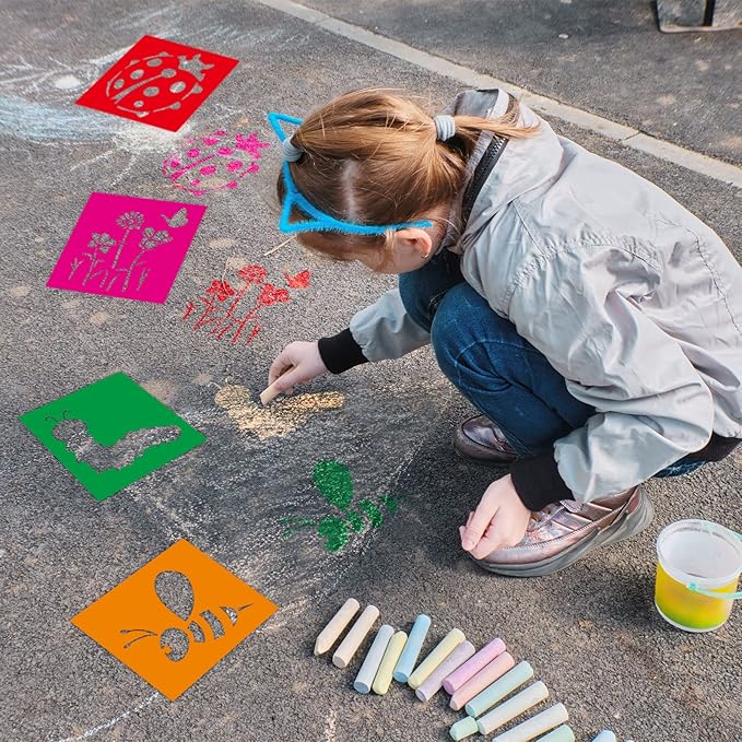 24 Pieces Spring Stencils for Kids 8 Inches Summer Drawing Chalk Stencils Large Washable Garden Flower Butterfly Themed Primary Shape Template for Kids Toddlers Preschooler