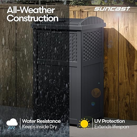 Suncast 33 Gallon Wicker-Style Hideaway Trash Can with Secure Latching Lid and Weather-Resistant Construction for Patio, Cyberspace Grey, Made in the USA