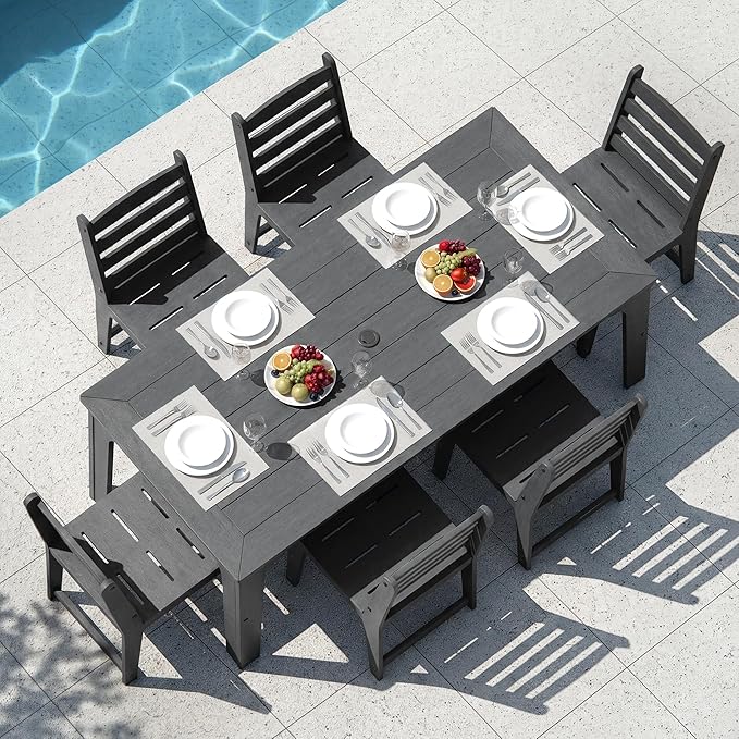 7-Piece HDPE Patio Dining Set, Weather-Resistant Outdoor Table with 2/1.5-Inch Umbrella Hole, Never Sagging One-Piece Tabletop with Metal Support Bars for Poolside Backyard Garden (Black)