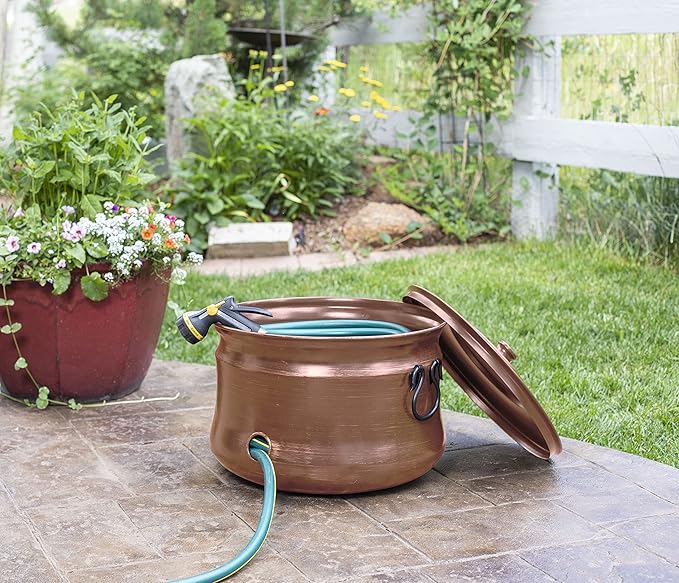 BIRDROCK HOME Water Hose Holder - Decorative Metal Pot, Indoor or Outdoor, Garden Storage Organizer, Patio Portable Bucket - Antique Copper, Holds up to 200ft Hoses, Large with Lid