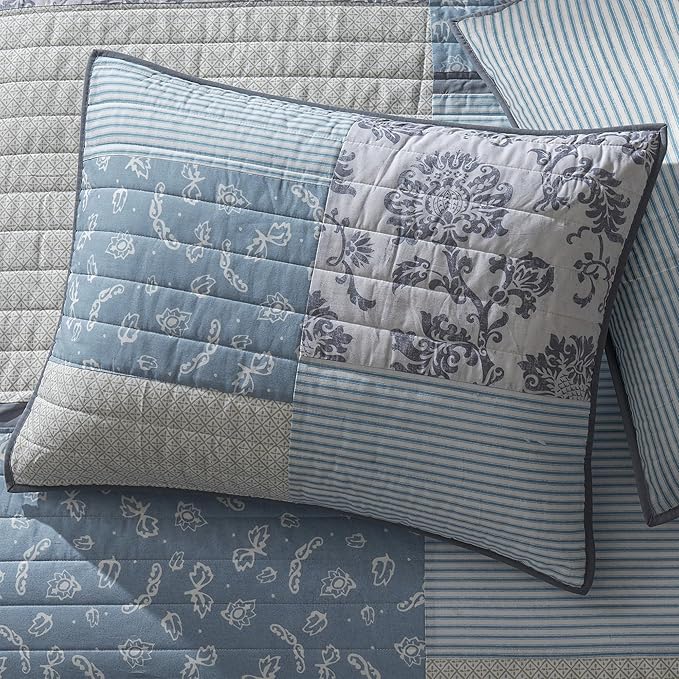 Wonderful 100% Cotton Patchwork Quilt King Size, Blue Beige Floral Stitch Bedding, Farmhouse Reversible Soft Pre-Washed Rustic Coverlet Bedspread for All Season 106"x94"