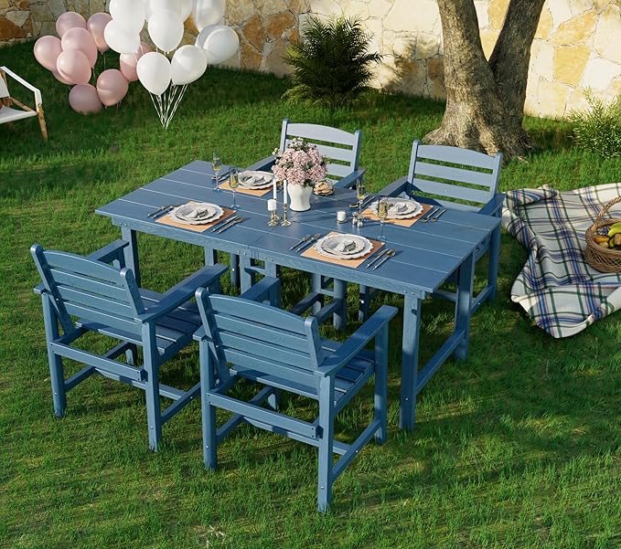 Anbuy Patio HDPE Dining Table Set, 5-Piece Outdoor Dining Table Sets, 2 in 1 Outdoor Furniture Table and 4 Outdoor Chairs for Garden, Backyard, Poolside, Easy Assembly, Blue