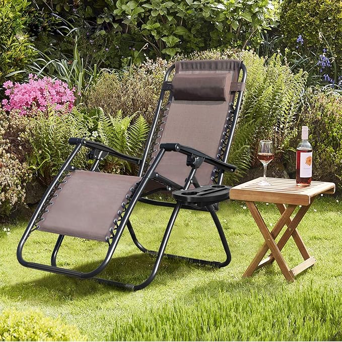 Flamaker Patio Zero Gravity Chair Outdoor Folding Lounge Chair Recliners Adjustable Lawn Lounge Chair with Pillow for Poolside, Yard and Camping (Brown)