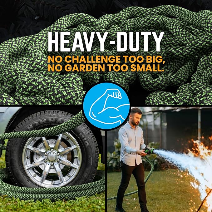PowerFlow Garden Hose, NON-EXPANDABLE 25 Feet Premium Quality Stainless Steel Metal Water Hose with Durable Fabric Skin, Hose For Commercial, Residential Use, Bonus 10-way Spray Nozzle (25 Ft, Green)