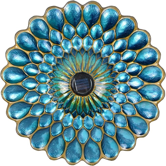 Peaktop Handpainted Mosaic Fusion Glass Solar Birdbath Bowl Feeder with LED Light for Outdoor Patio Garden Backyard Decking, 21 Inch Height, Blue
