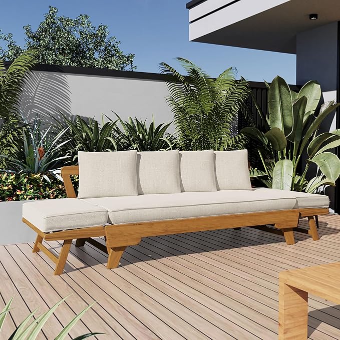 Christopher Knight Home Gary Patio Convertible Couch, Wooden Outdoor Daybed, 3-Seater Acacia Wood Patio Furniture Lounge Sofa for Backyard/Poolside/Garden, Back Pillow+Removable Cushion, Teak+ Beige