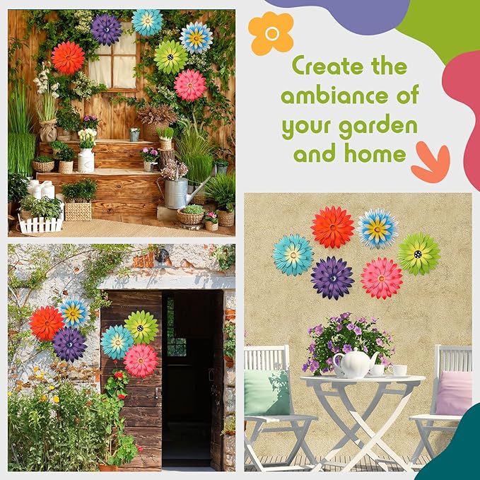 Zhehao 6 Pcs Metal Flower Wall Art Decor 8 Inch Sunflower Wall Decorations Hanging Outdoor Art Multicolored Handmade Metal Flowers Outdoor Decor(Vivid Color)