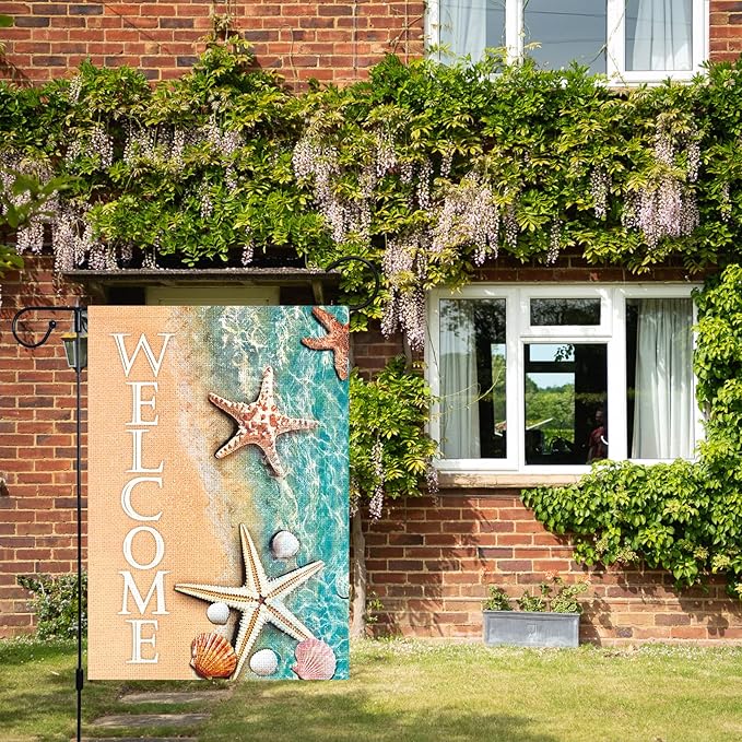 Louise Maelys Welcome Spring Summer Beach Garden Flag for Outside 12x18 Double Sided Vertical, Burlap Small Summer Starfish and Seashell Lake Garden Yard House Flags Seasonal Summer Outdoor Decoration
