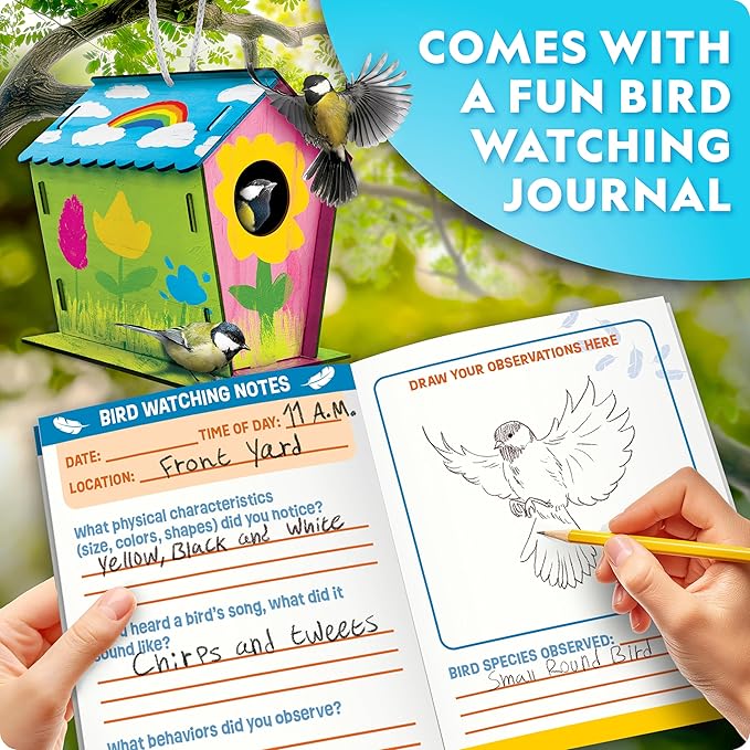 NATIONAL GEOGRAPHIC Creative Conservation™ Build Your Own Birdhouse Kit – DIY Wooden Birdhouse Craft with Paints, Brush, Bird-Watching Journal & Educational Poster for Kids, Bird House Craft