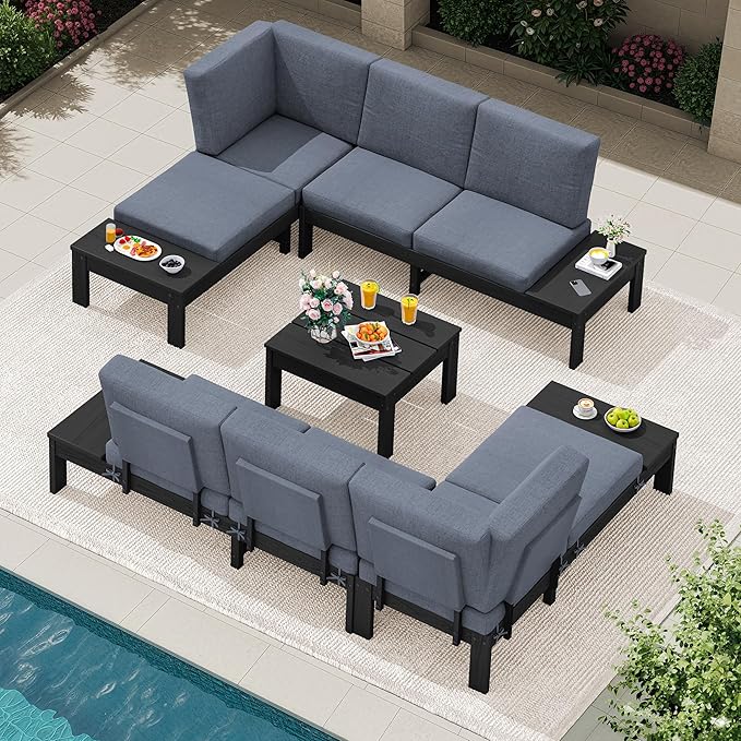 SERWALL HDPE Outdoor Furniture Set, 4 Seats Outdoor Sectional with Coffee Table, All-Weather Patio Sofa Set, Patio Conversation Sets with Adjustable Backrest Sofa for Garden, Backyard, Black with Grey