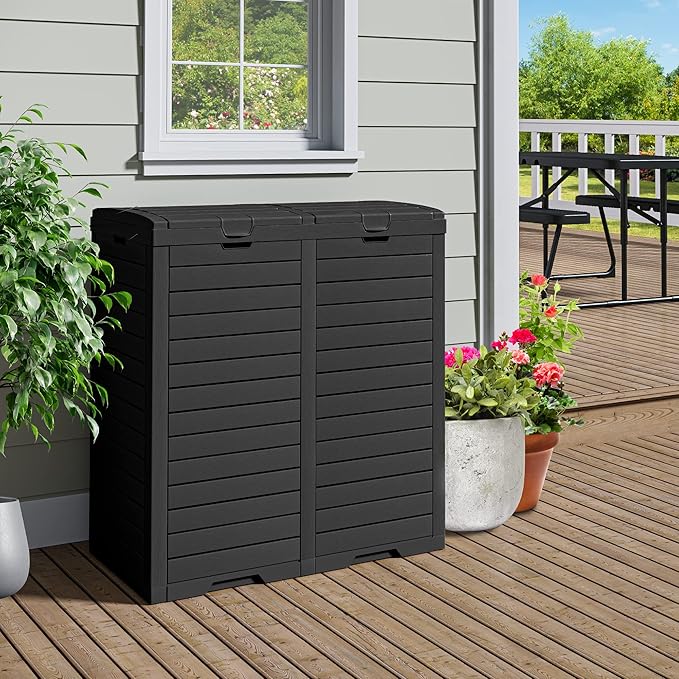 DWVO Outdoor Large Resin Trash Can, 76 Gallon Classified Hideaway Garbage Bins with Dual Lid and Drip Trays for Porch, Backyard, Deck, Patio, Poolside, Easy to Clean, 248 Quart, Black
