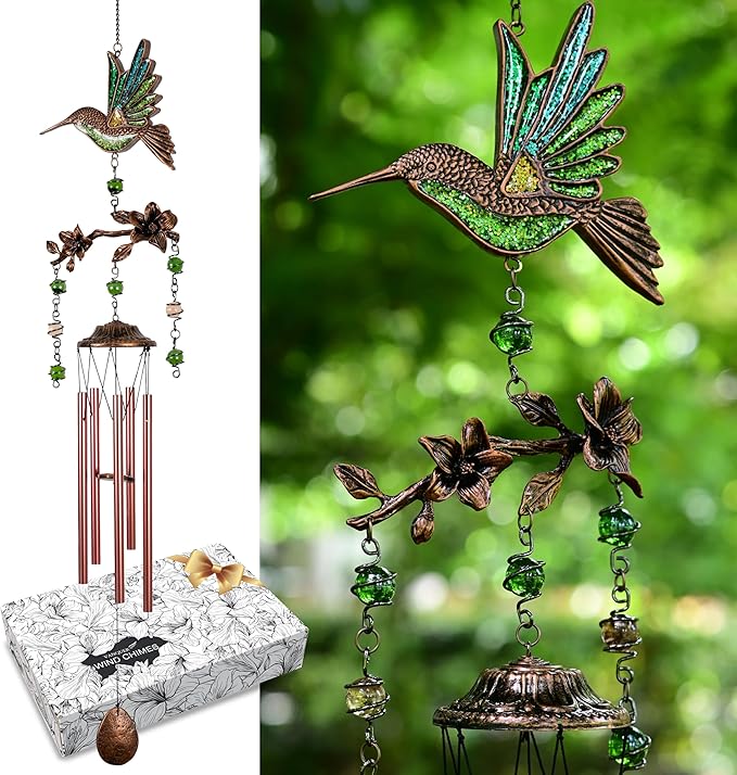 Wind Chimes for Outside, Wind Chimes Outdoor Clearance, Soothing Tones, Hummingbird Wind Chime, Memorial, Sympathy Gift, Patio, Porch, Home Décor, Modern, Art Décor, Bronze (32" Hummingbird)
