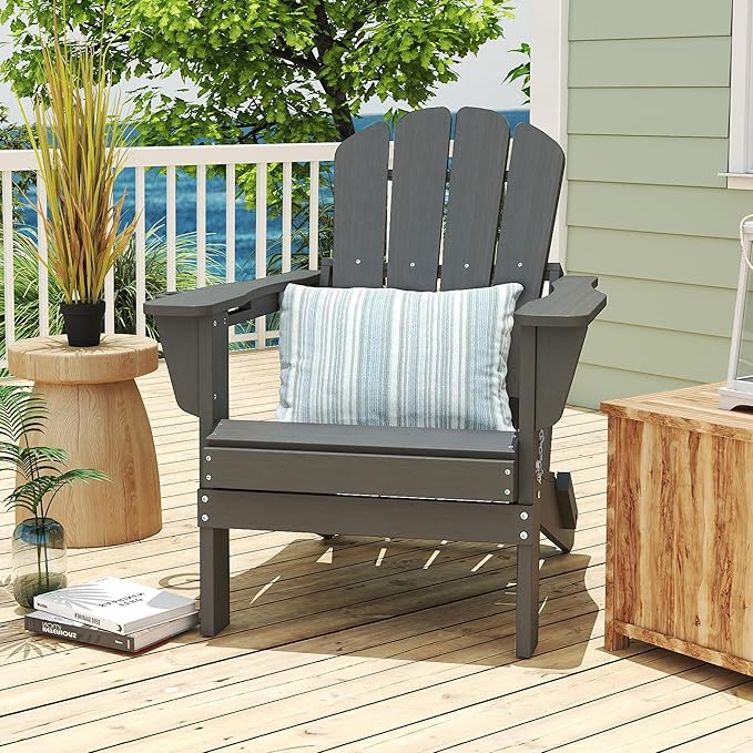 Domi Folding Adirondack Chair, HDPE All-Weather Outdoor Chair with Cup Holder, Wooden Textured Fire Pit Chair for Backyard, Patio, Poolside & Deck, Grey