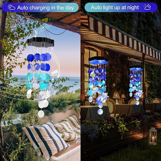 Solar Shell Gift for Mom Grandma Girls, White & Blue Christmas Solar Wind Chimes for Outside, Outdoor Decorative Mobile Lights for Garden, Yard, Patio, Window, Party, Outdoor Decorations