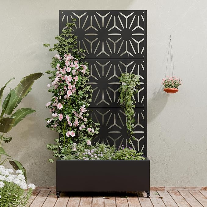 Casaphoria Metal Raised Garden Bed with Trellis and Wheels, 72"x35"x16" Planter Box for Climbing Plants, Vegetables & Vines, Features Drainage Holes and Privacy Screen (Black-Star)