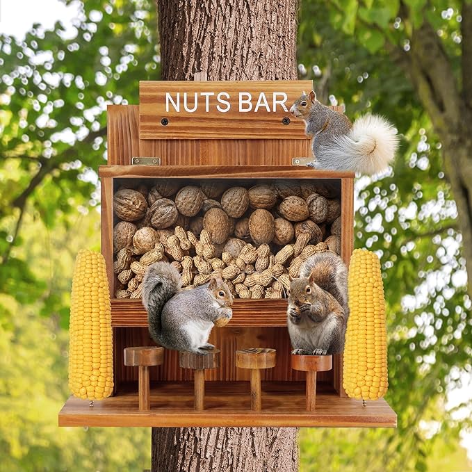 KOOPRO Squirrel Feeder for Outside Tree, Squirrel Picnic Table Feeder for Outdoors Corn Cob Peanut Feeder Funny Chipmunk House Nuts Bar Hanging Wooden Box