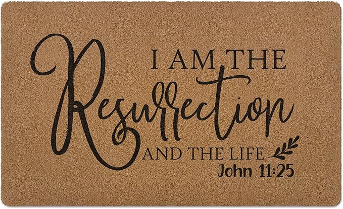 Christian Easter Door Mat, I Am The Resurrection Bible Verse Welcome Front Door Mat Indoor Outdoor Entrance, Religious Christian Artificial Coir Doormats Rugs for Porch Entryway Decor 30x17in