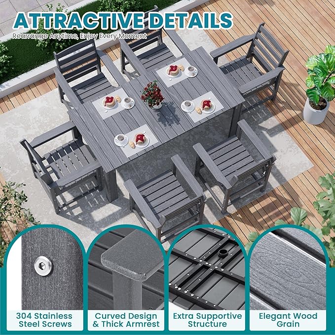 Outdoor HDPE Dining Table Set, 7-Piece Outdoor Dining Table Sets, Wood Grain Patio Furniture Sets with Umbrella Hole for Porch, Backyard, Gray