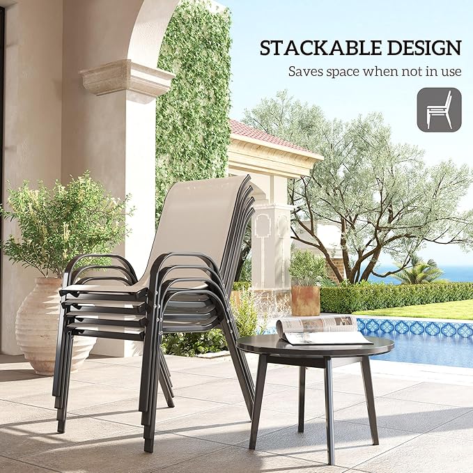 Outsunny Outdoor Dining Chairs Set of 4, Stackable Patio Dining Chairs, High Back Outdoor Patio Chairs with Breathable Mesh Seat, Metal Frame for Garden Lawn Backyard, Beige