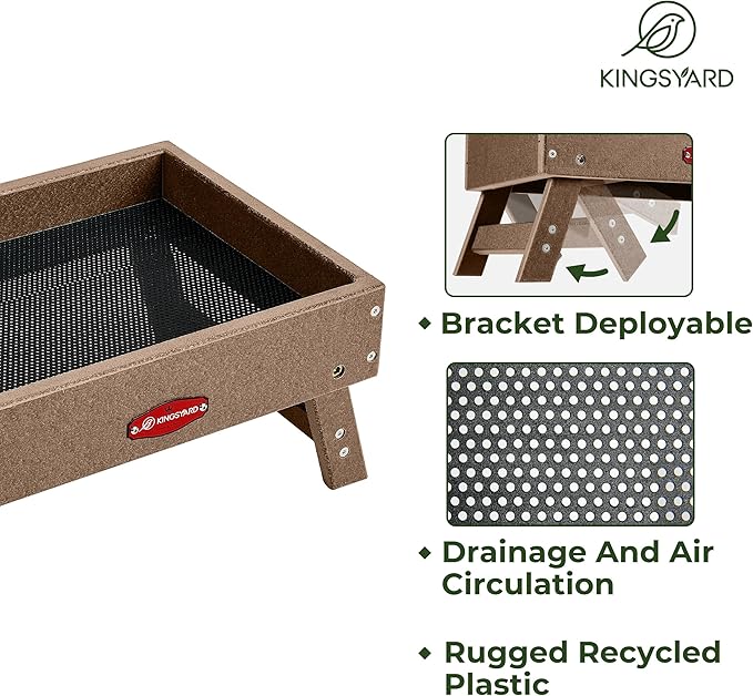 Kingsyard Ground Bird Feeder for Outdoors - Recycled Plastic Platform Feeder for Wild Birds, Squirrels, Chicken, 5 LBS Large Capacity, Brown